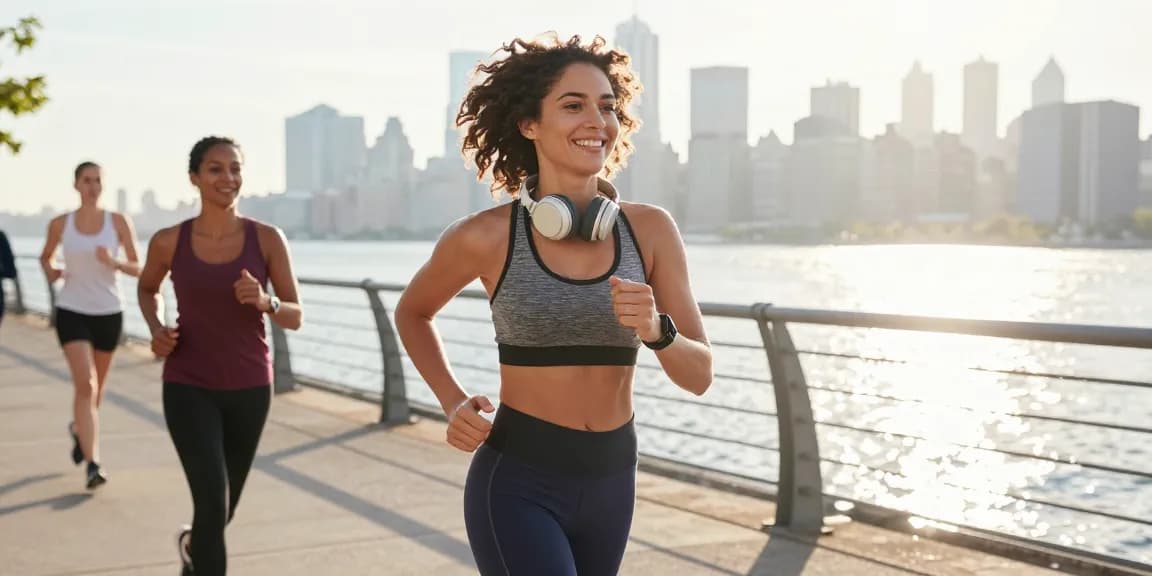 Wanita joging di tepi kota dengan Fitbit Luxe terlihat di pergelangan tangan dari https://www.polarfitbitshop.com/fitbit-luxe/.