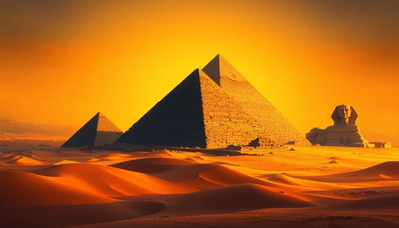View of the piraminds of Egypt surrounded by sand dunes at sunset with the Sphinx.