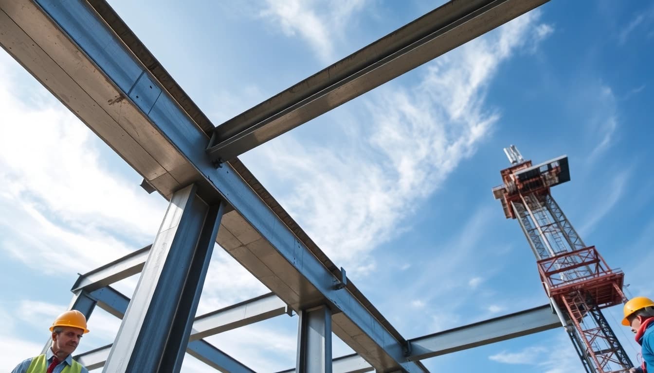 Workers in a vibrant construction site focused on structural steel construction projects with safety gear and modern equipment.