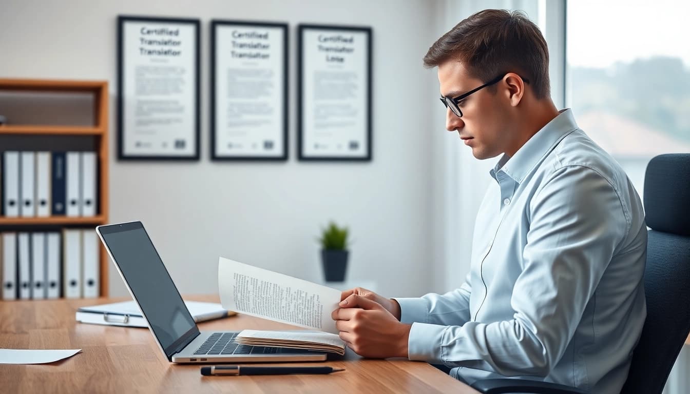 Professional translator reviewing documents for beëdigde vertaling in a modern office setting.
