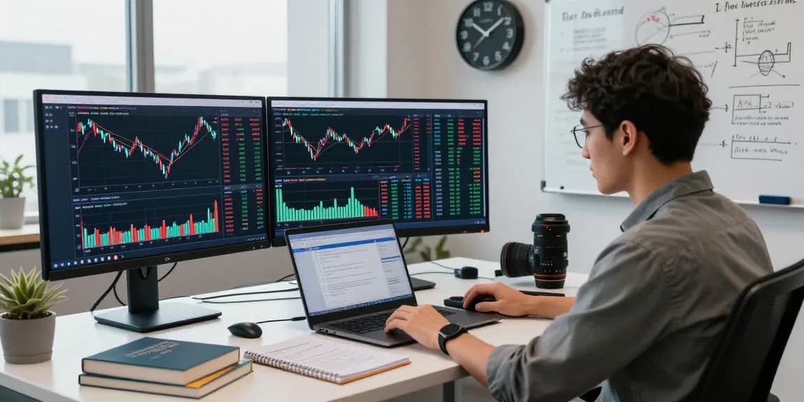 使用日股WebSocket推送接口进行实时市场数据分析的开发者在现代工作空间中专注于屏幕，展示全球股市的实时图表和数据。