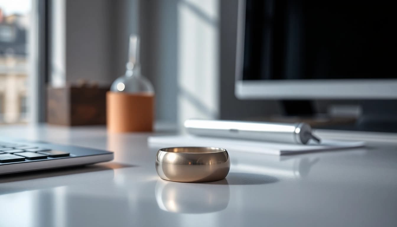 Showcasing a sleek Health Ring on a modern desk highlighting its design and features.