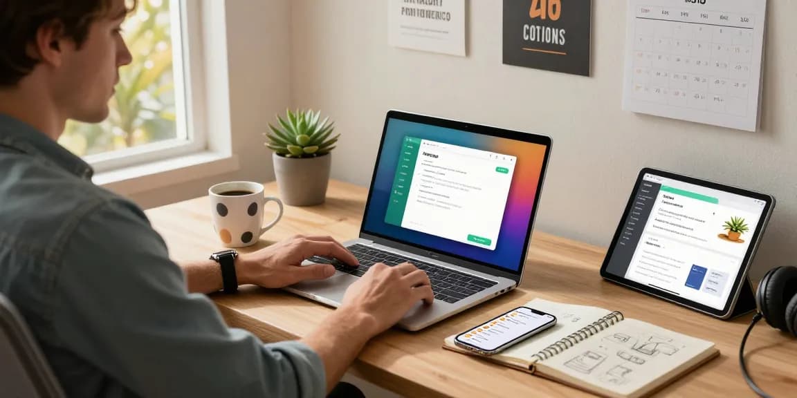Using WhatsApp電腦版 on a laptop in a modern home office setup, showcasing productivity and comfort.