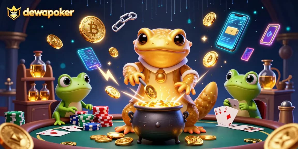 Dewapoker showcases a dynamic poker scene with golden alchemist characters surrounded by chips and cards, enhancing competitive gameplay.