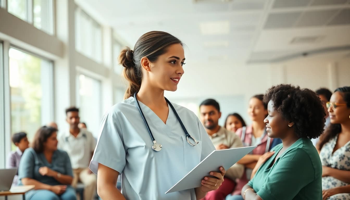 Illustration of the philosophy of nursing practice, showcasing a nurse supporting diverse patients in a healthcare setting.