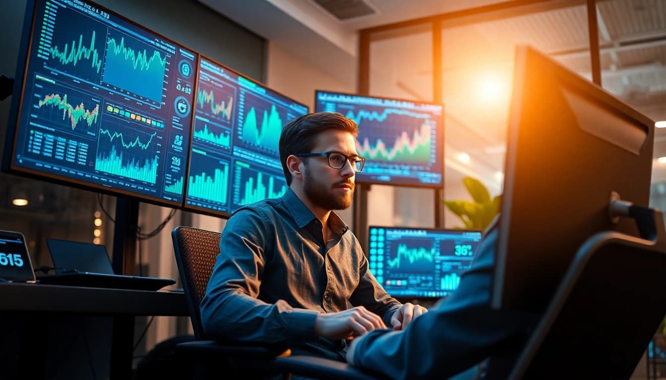 Developer creating an infosec e-commerce monitoring tool amidst vibrant financial data displays.