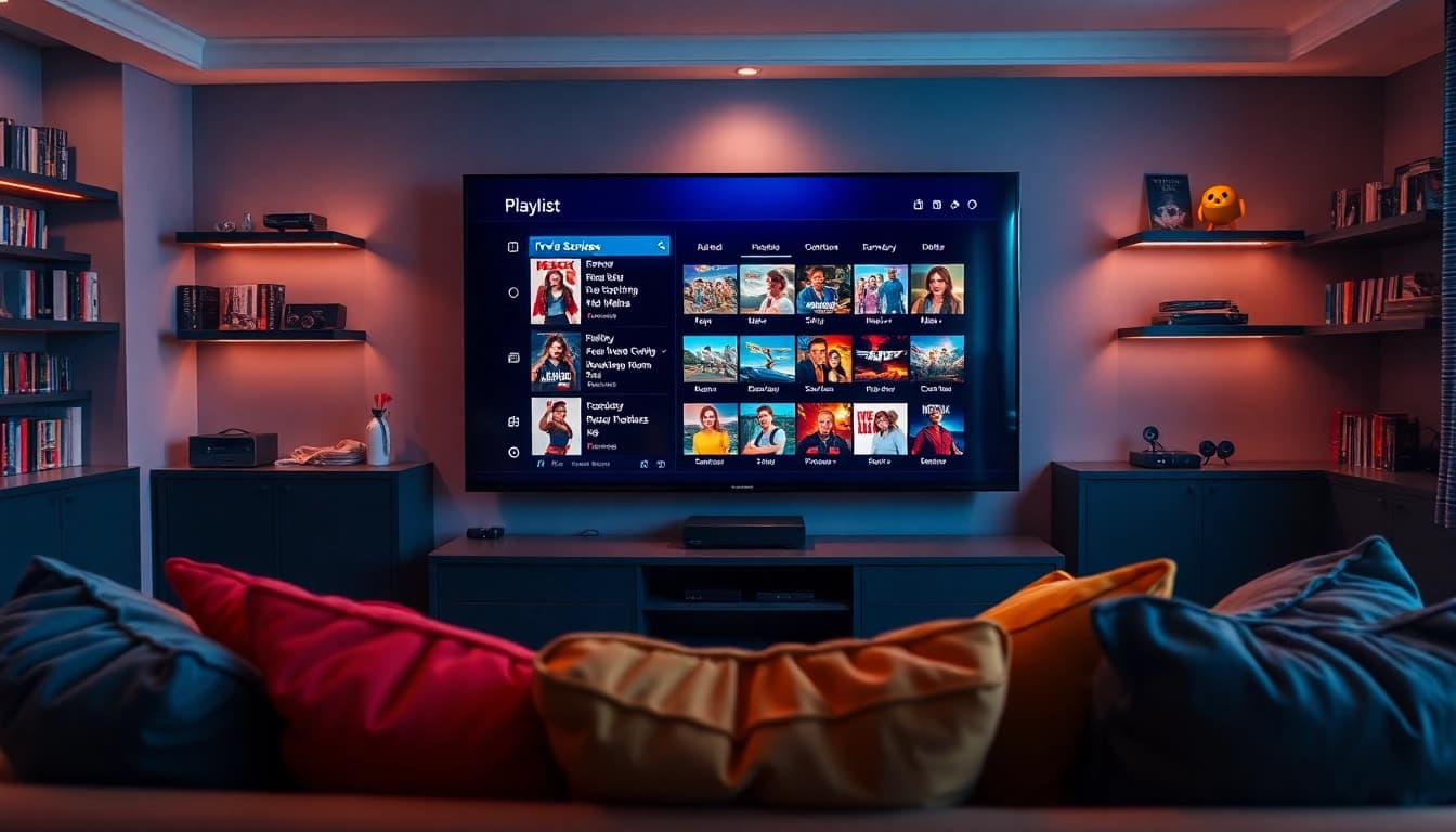 Watch TV series online free in a cozy media room with a flat-screen TV and inviting décor.