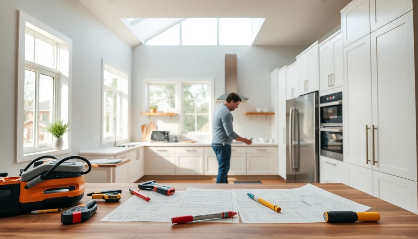 Renovation expert transforms a contemporary kitchen space, showcasing modern design and bright natural light.