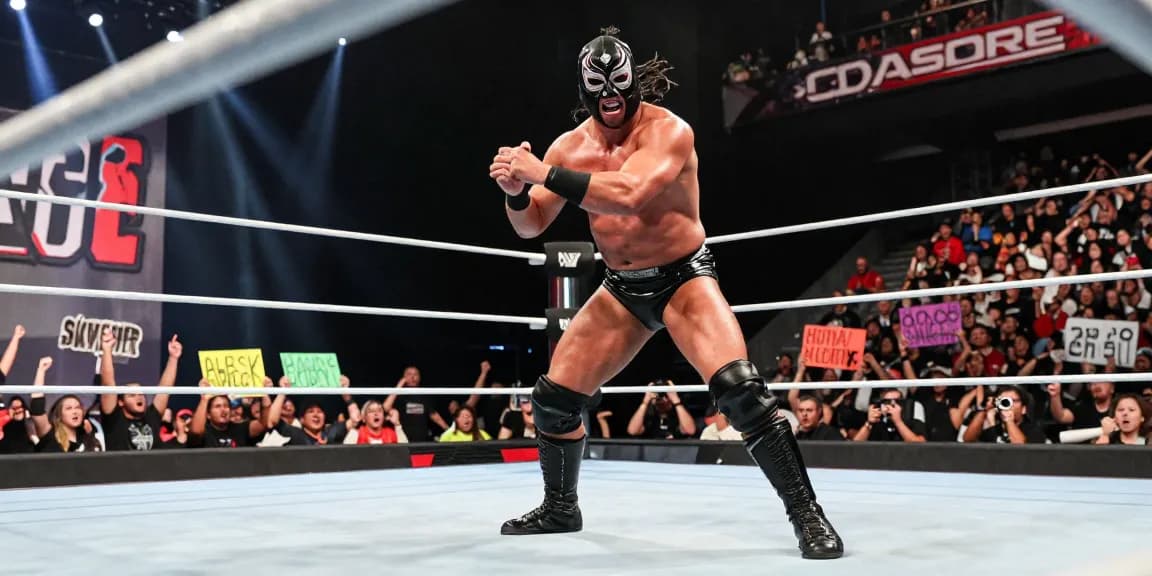 Abyss wrestler in action showcasing his signature move in the ring, surrounded by energized fans and dramatic lighting.