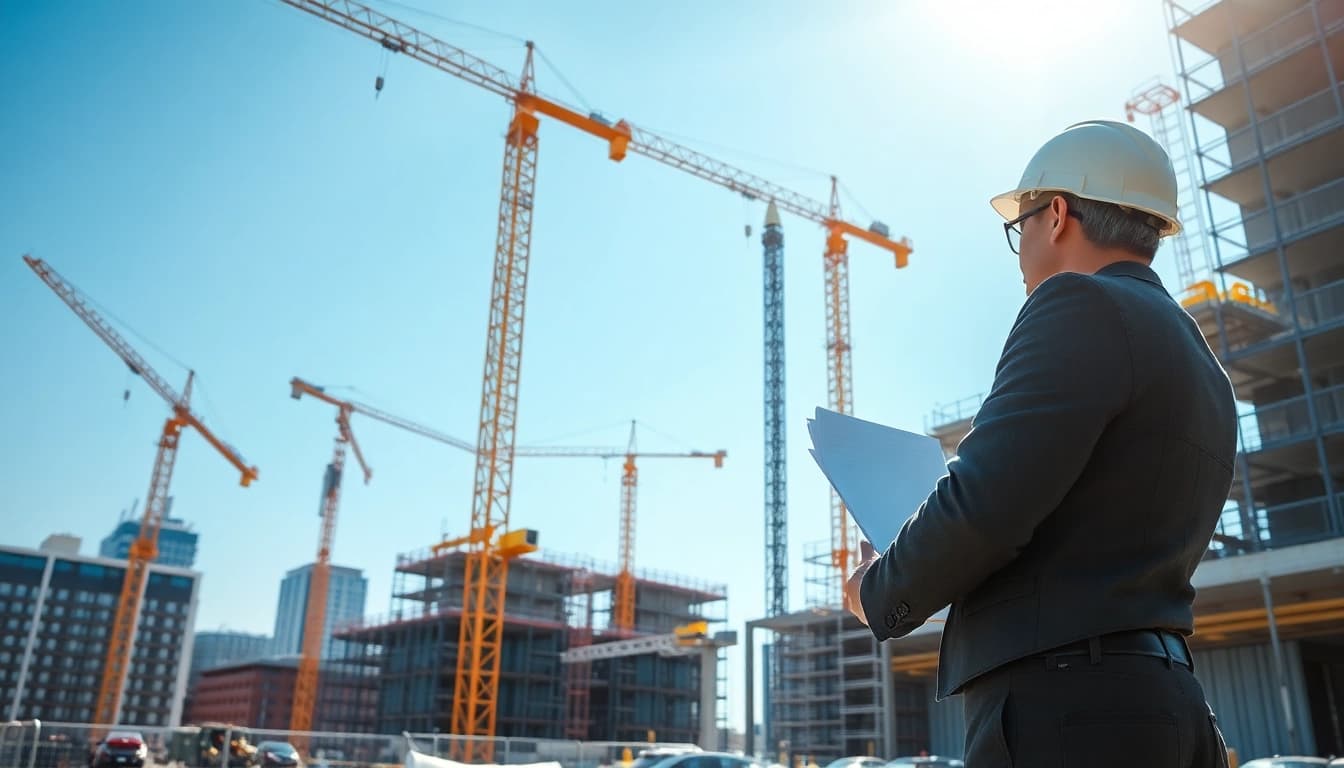 Building developer supervising an urban construction site with cranes, workers, and blueprints.