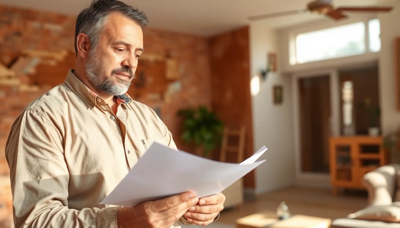 Adjuster evaluating Property Insurance Claims in a damaged home environment.