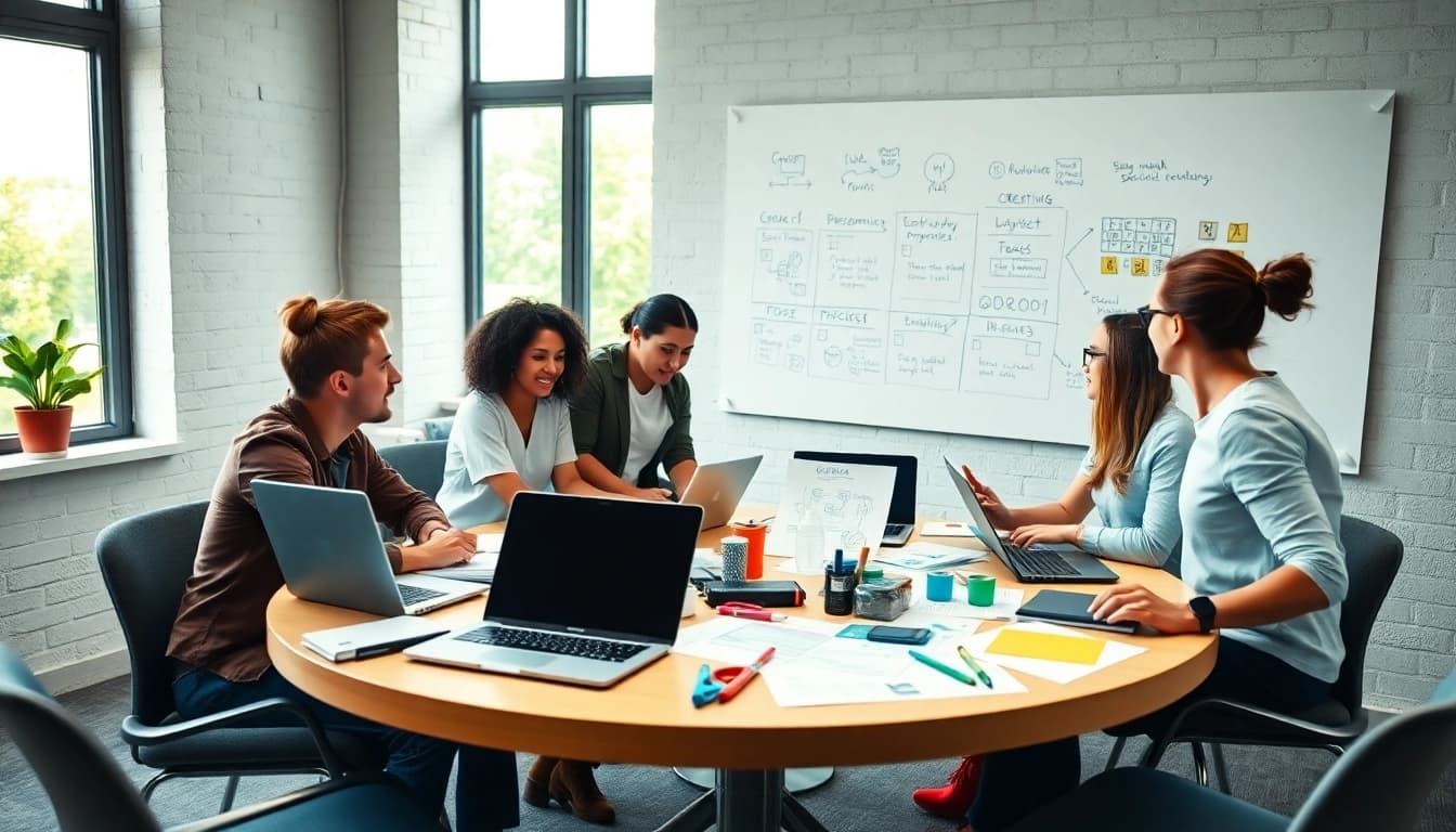 Showcase of a social media agency team brainstorming in a bright, modern workspace.