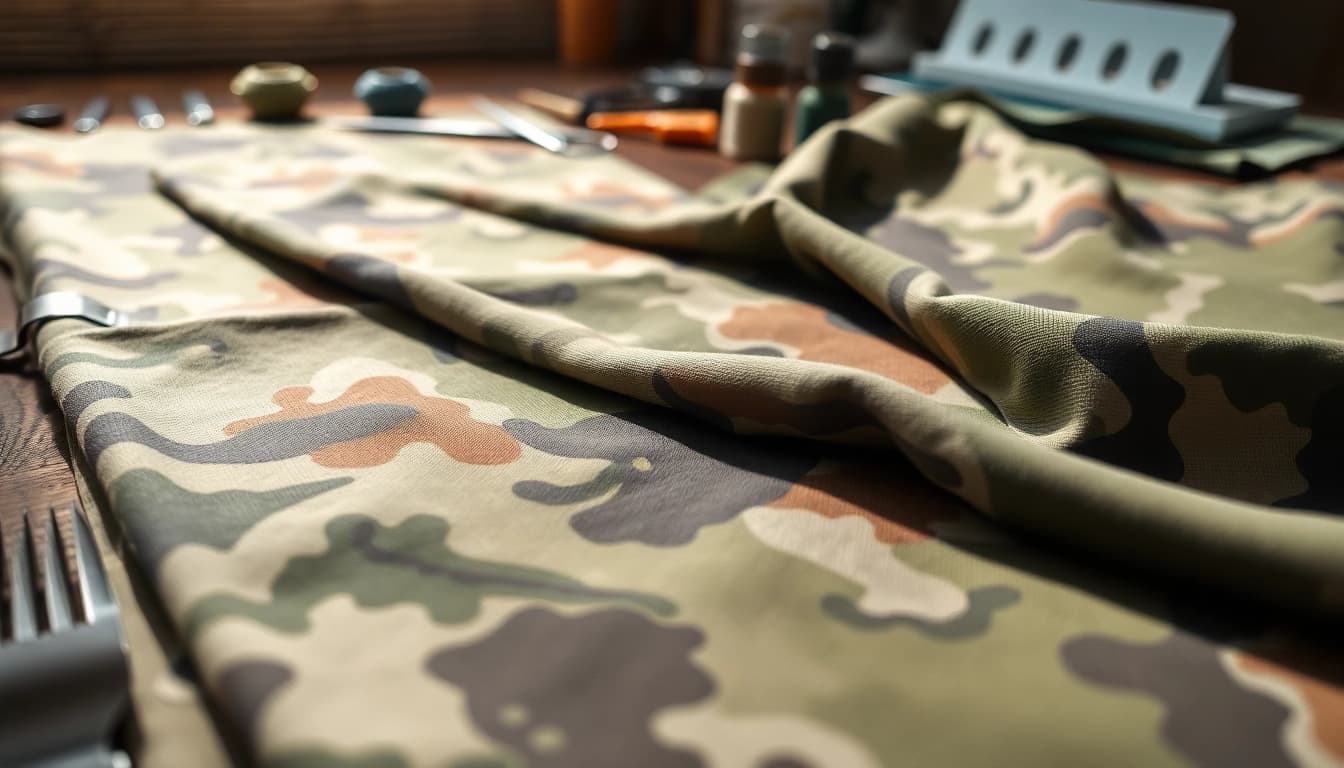 Bekijk camouflage stoffen met unieke patronen en texturen op een houten tafel.