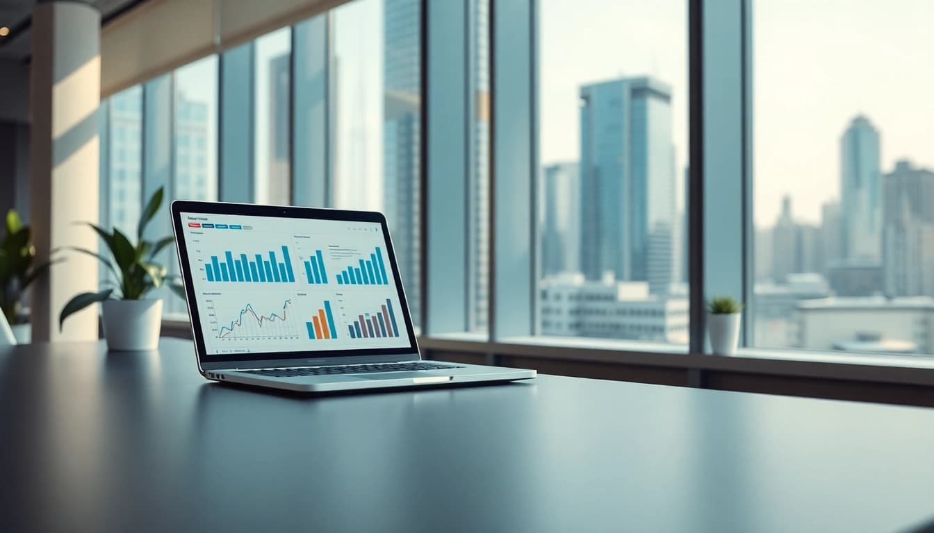 Analyze das 142 data trends in a modern office setting, showcasing professionalism and insight.