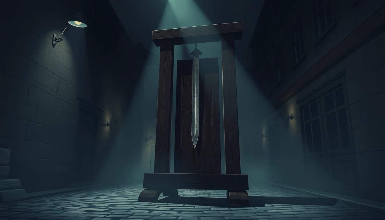 Illustration of a guillotine origin phrase in a historical setting highlighting its significance.