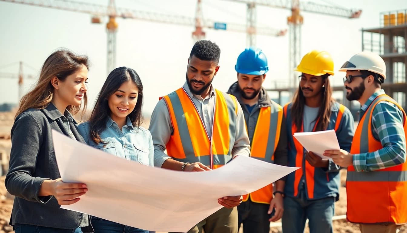 Careers in construction depict a diverse team collaborating on a vibrant building site.