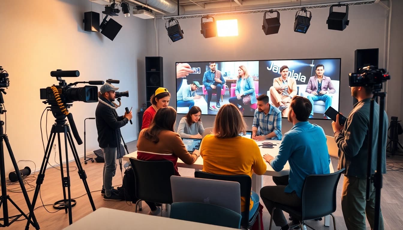 Team creating corporate video production in a vibrant studio with cameras and equipment.