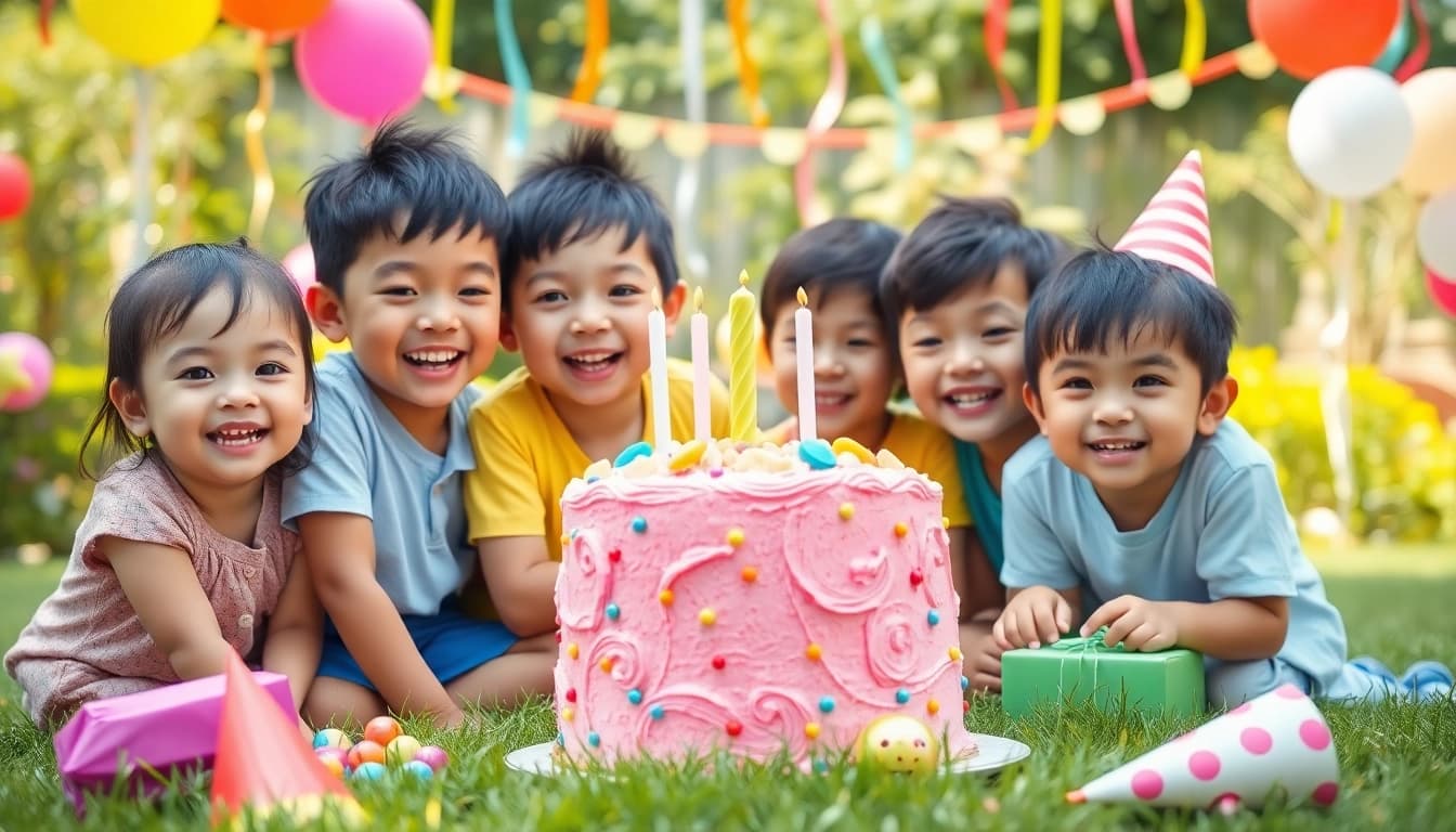 Children enjoying a Singapore birthday party with a colorful cake and festive decorations.