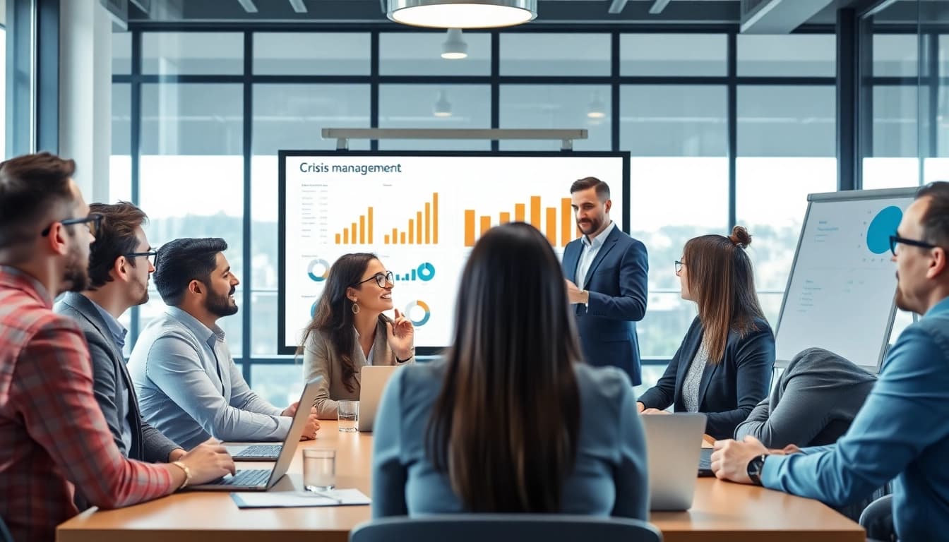 Crisis management consultant leading a strategy session with professionals in a modern conference room.