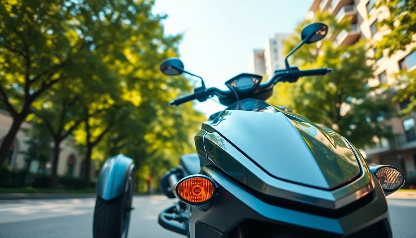 Riding a cheap street legal three wheeler trike in a vibrant urban setting.
