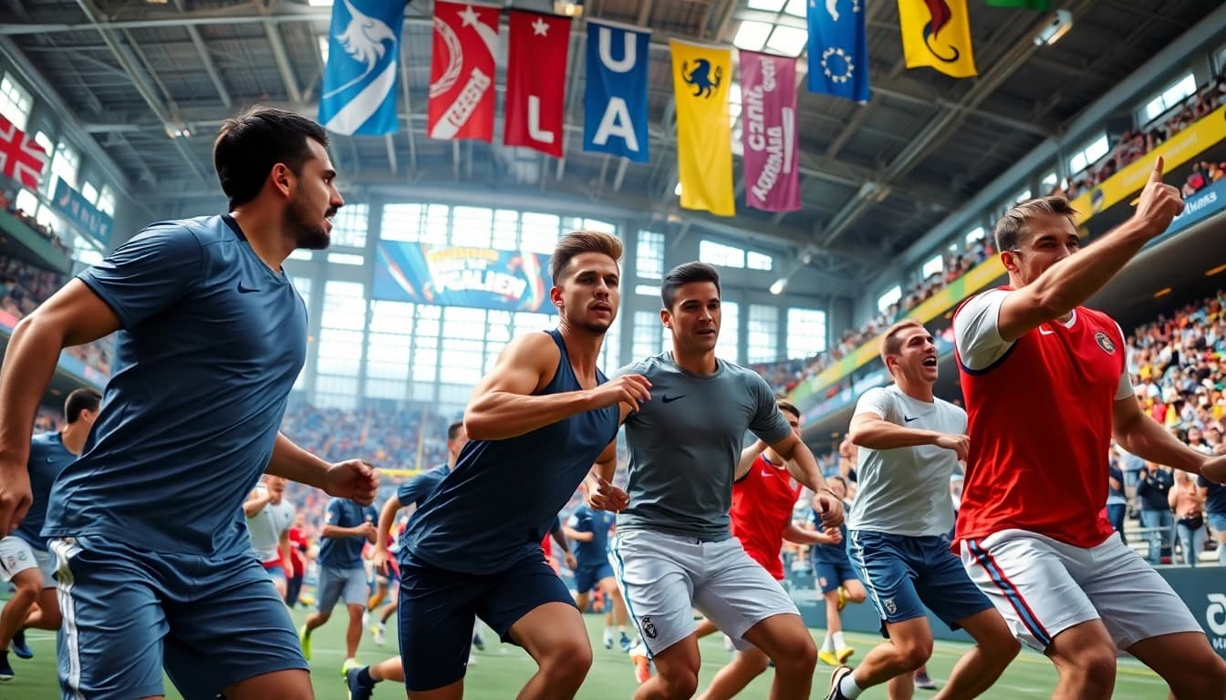 Captura de acción en todo deportes, celebrando la energía y competencia en un estadio vibrante.