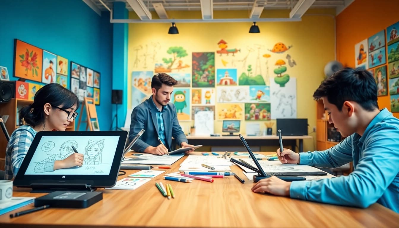 Animationsstudio mit kreativen Künstlern und farbenfrohen Designs in einem inspirierenden Raum.