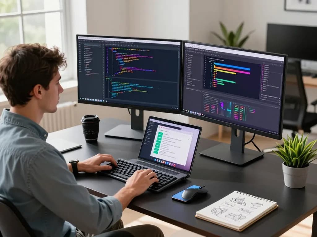 Whynotvibe - Developer in modern workspace coding with dual monitors showcasing vibrant software code.
