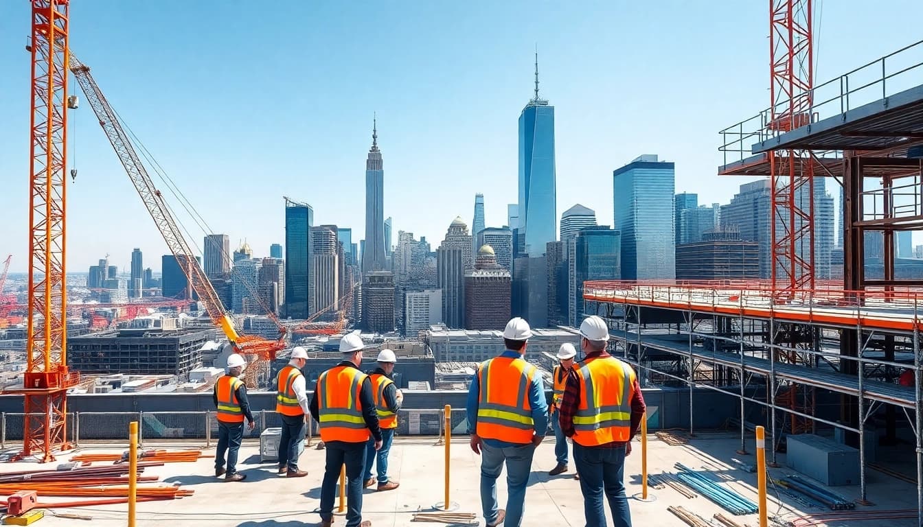 Manhattan Commercial General Contractor orchestrating a busy construction site with workers and skyline.