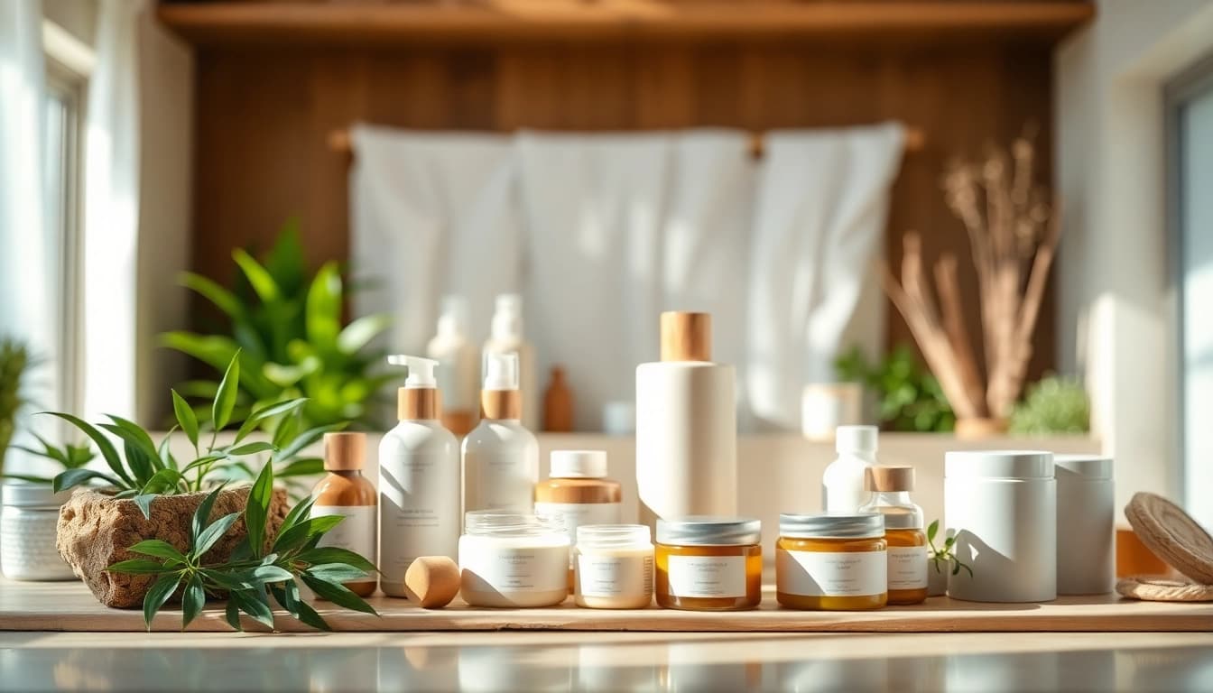 Pasirinkite natūrali kosmetika iš ekologiškų ingredientų, pabrėžiant švarą ir natūralumą.