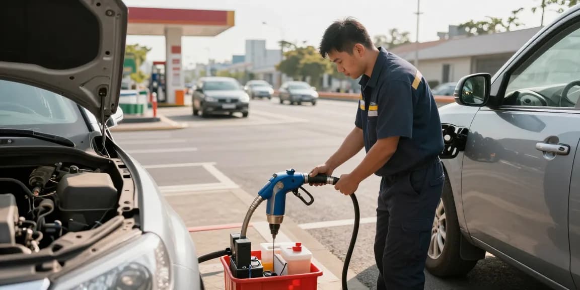 Diesel in petrol car recovery service by expert technician in branded uniform on a busy roadside.