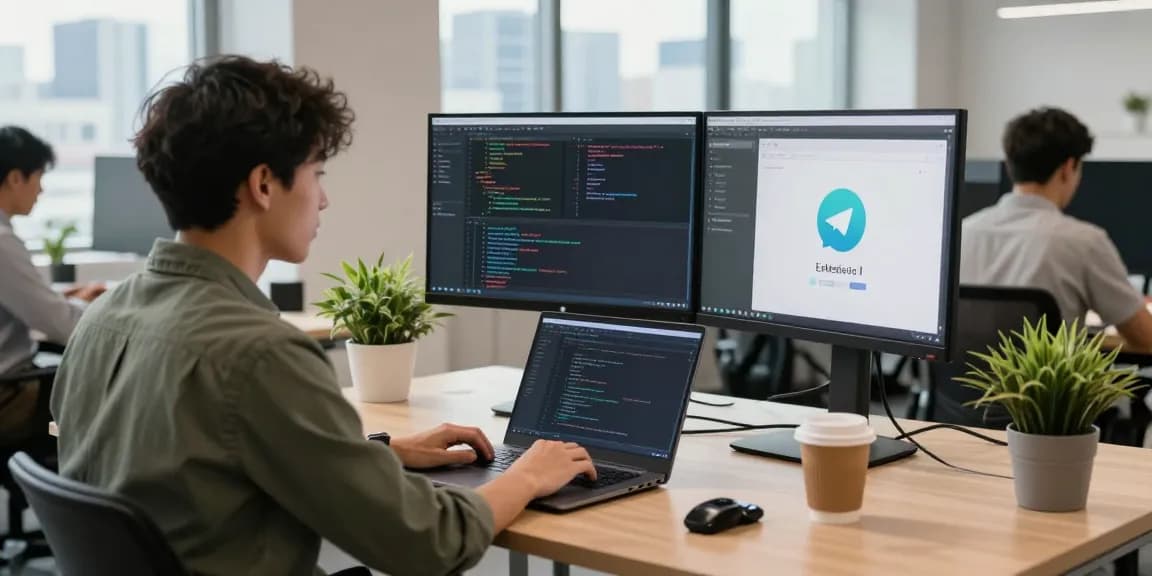 Dynamic tech workspace illustrating telegram官网 features with a developer coding on dual monitors in a modern office setting.