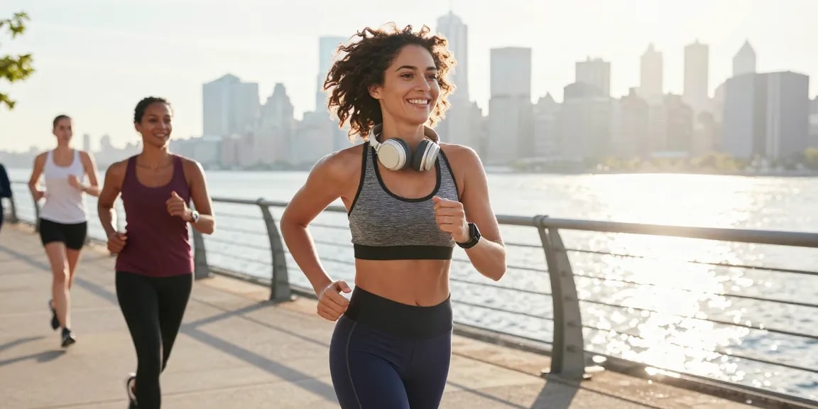 Wanita joging di tepi kota dengan Fitbit Luxe terlihat di pergelangan tangan dari https://www.polarfitbitshop.com/fitbit-luxe/.