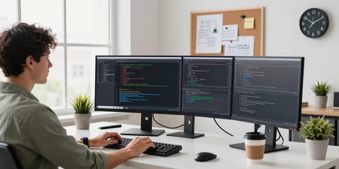 A software developer using Snipaste下载 in a modern workspace with multiple monitors and a creative atmosphere.