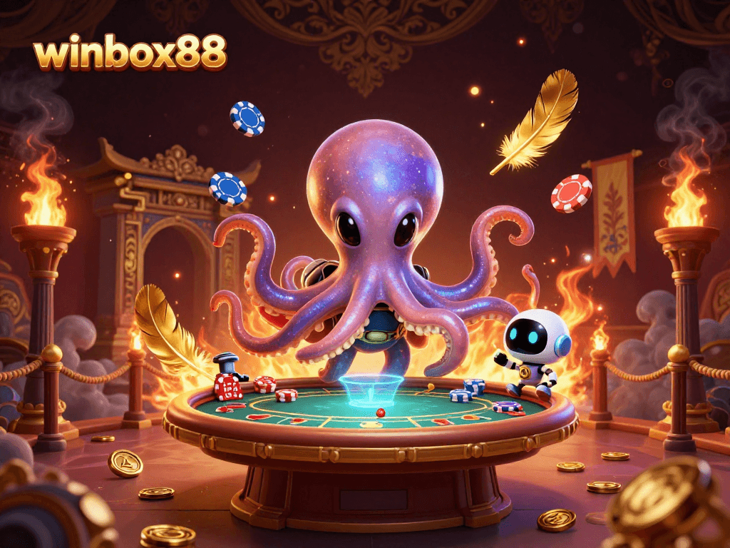 winbox88 features an alien octopus at a holographic poker table, surrounded by dynamic casino-themed elements.