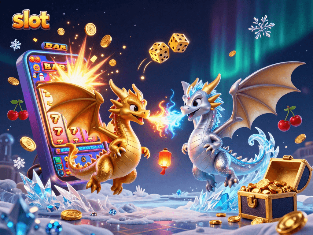 Experience the thrill of slot games with a vibrant scene of dragons amid jackpots.