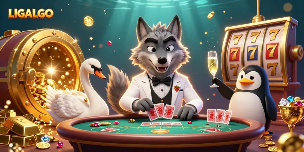 LIGALGO showcases a debonair wolf at a baccarat table surrounded by shining slot reels and sparkling gems.
