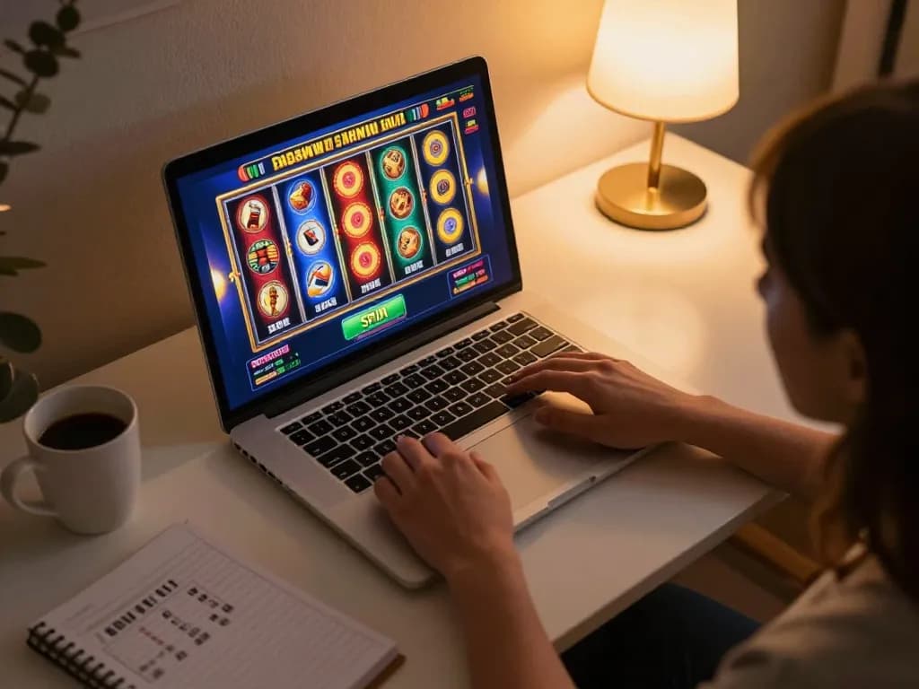 Engaging scene of slot depo 10k gaming session at home with vibrant reels displayed on laptop