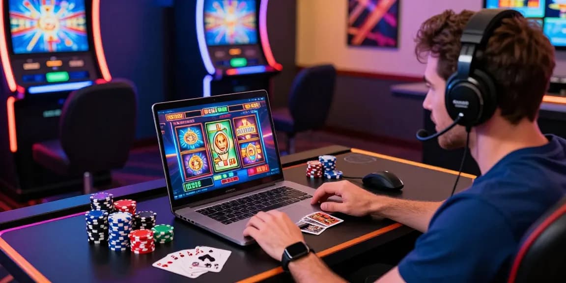 Engaging slot online gaming scene with a player at a stylish desk.