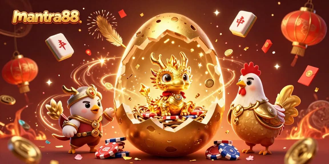 Experience winning wits at mantra88's spectacular casino scene with golden dragon and poker chips.
