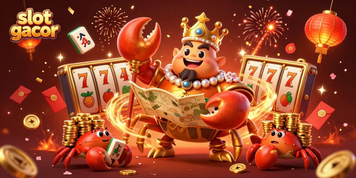 Win big with slot gacor in a vibrant 3D cartoon scene featuring a golden crab emperor and festive casino elements