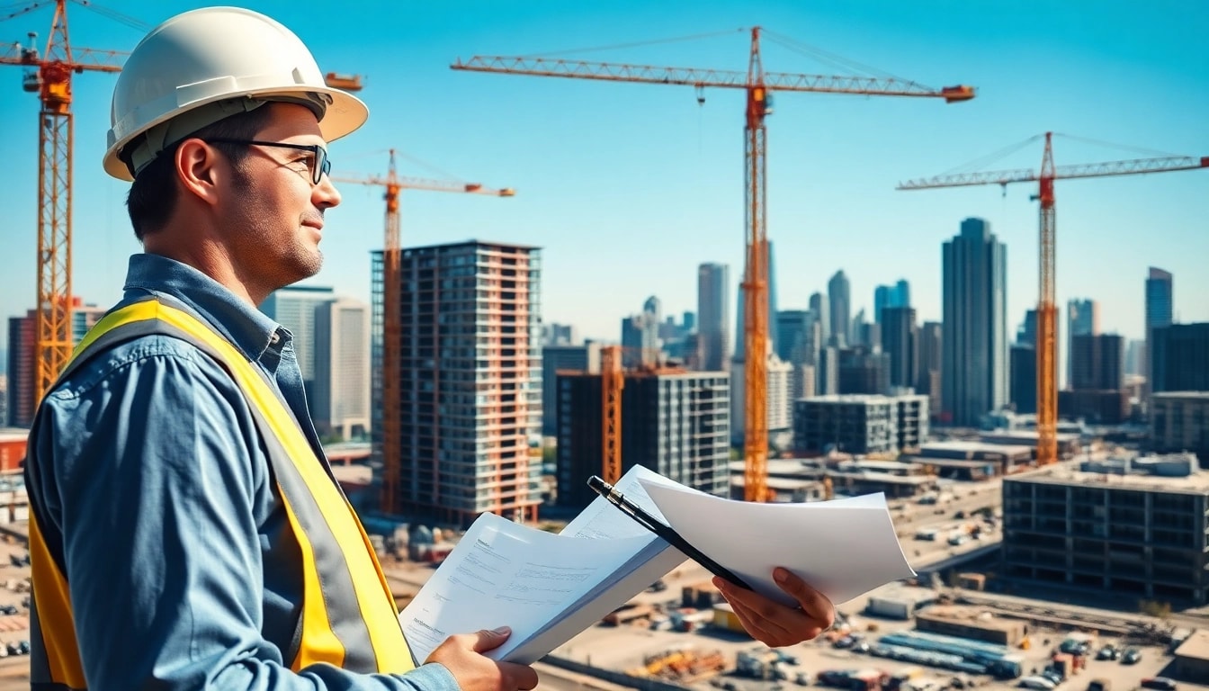 New Jersey Construction Manager overseeing an active site with cranes and urban backdrop.