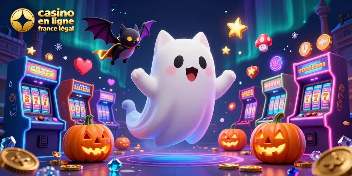 Jouez au casino en ligne France légal avec un chat fantôme flottant et une chauve-souris, entourés de machines à sous.
