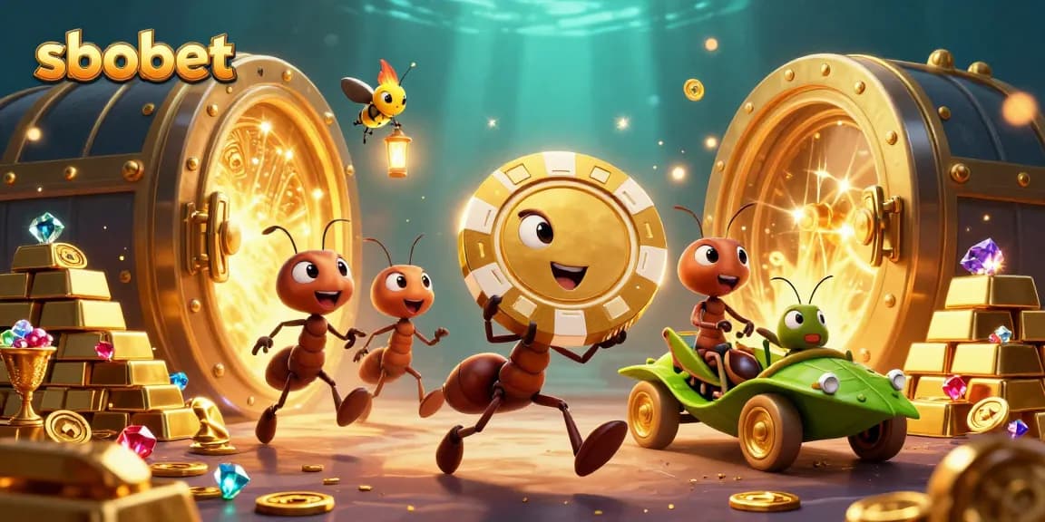 Experience sbobet gaming excitement with ants on a heist for golden poker chips in a vibrant casino scene.