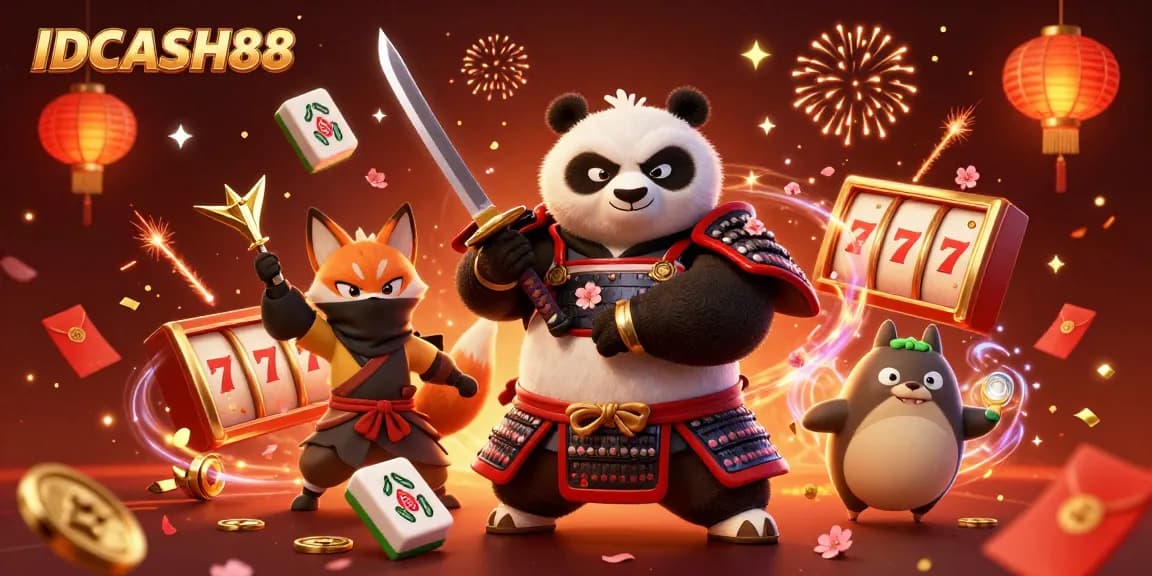 Play slots and win with IDCASH88, as a fierce samurai panda and ninja fox join in 3D celebration.