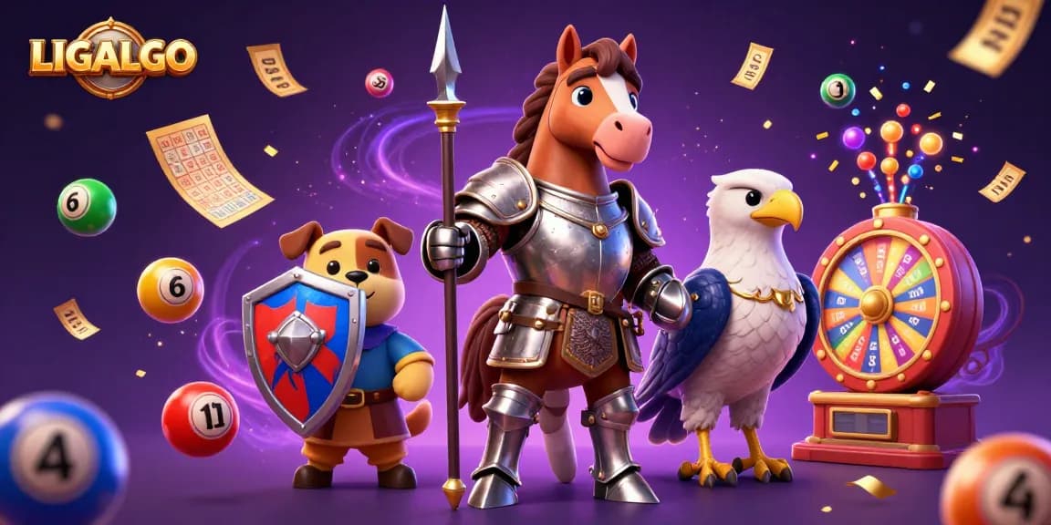 LIGALGO presents a vibrant 3D casino scene featuring dynamic lottery elements and a medieval knight.