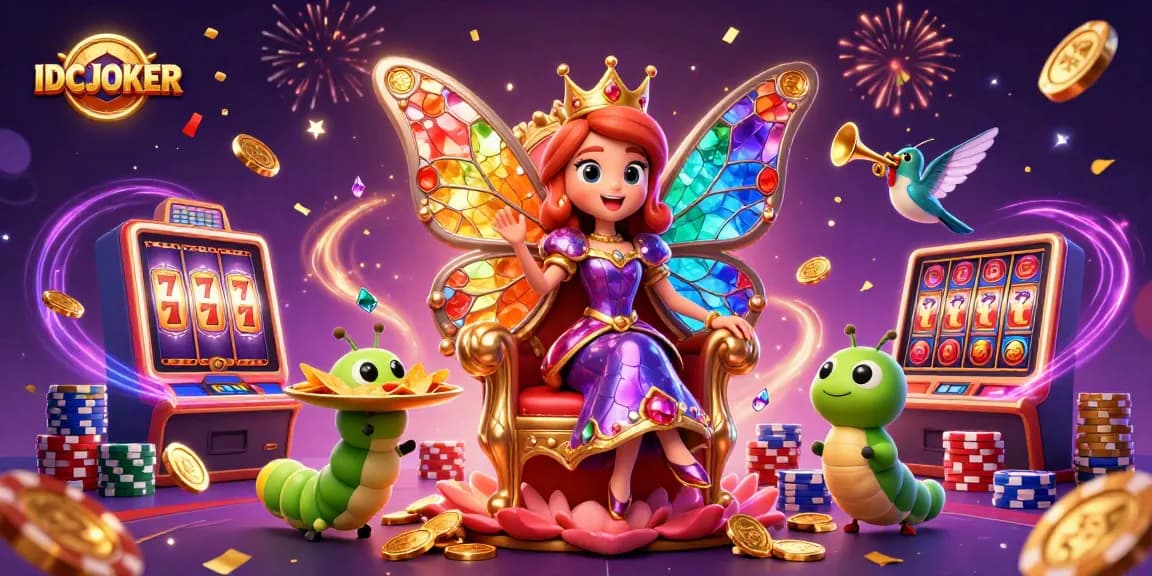 IDCJOKER brings excitement to life with a digital illustration of a glamorous casino scene featuring slots and butterfly royalty.