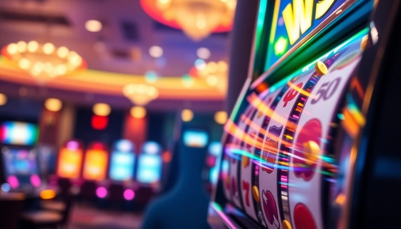 Menggambarkan pengalaman bermain slot depo 1k dengan desain mesin slot modern yang menarik.