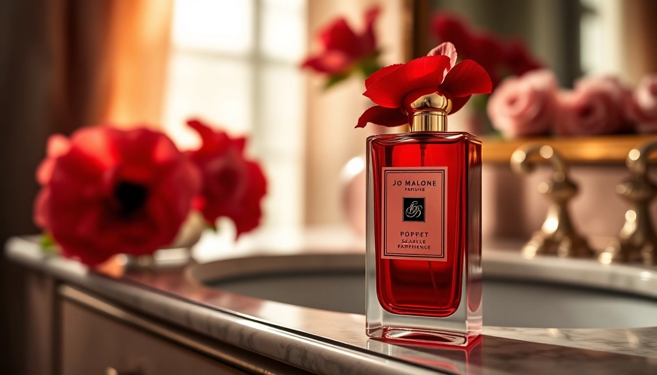 Captivating Jo malone Poppy scarlet fragrance bottle surrounded by luxurious decor.