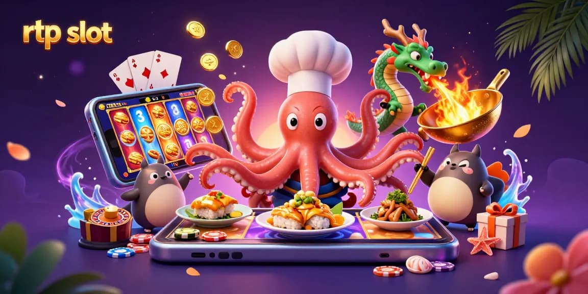 Engaging scene of a sushi chef octopus and dragon exploring rtp slot gaming elements in a vibrant casino setting.