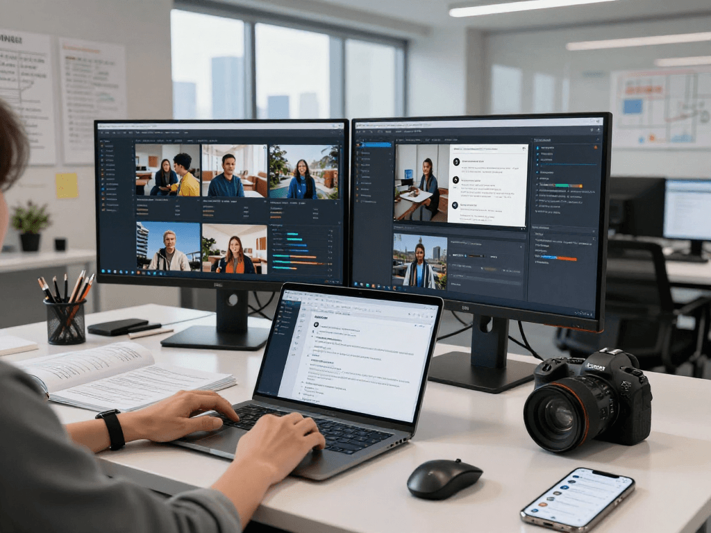 Data analyst using an advanced ai image detector in a modern workspace, analyzing real-time images and content moderation.